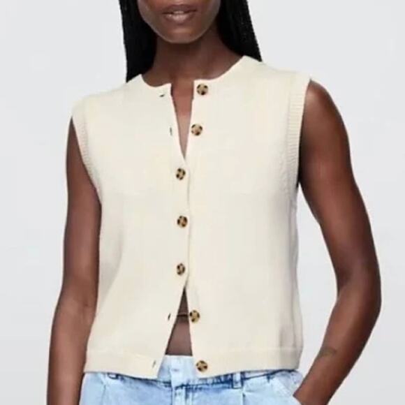 GAP Cropped Sleeveless Button Down Cardigan Sweater Vest Cream sz L Cottagecore - Picture 1 of 8